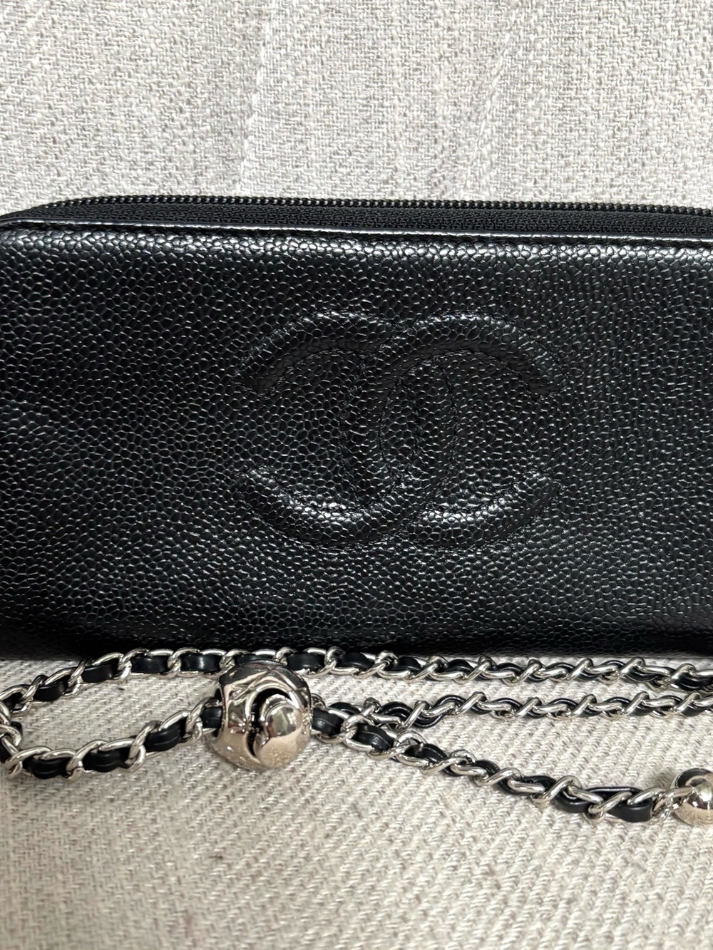 CHA-NEL CC Black Caviar Leather Zippered Wallet on Chain